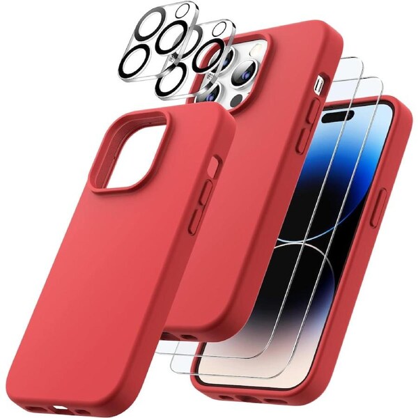 [3 in 1] Silicone Case for iPhone 13 6.1-Inch with 2-Pack Screen Protector and 2-Pack Camera Lens Protector Tempered Glass (Red)