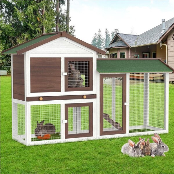Advwin Rabbit Hutch 133cm x 36cm x 83cm Bunny Cage Chicken Coop 2 Level Wooden Pet House