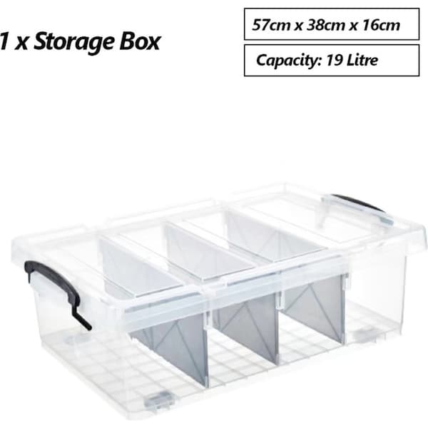 19L Plastic Storage Box W/ Removable Divider Home Office Organiser Tub Container