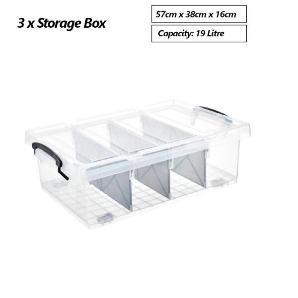 3 x 19L Plastic Storage Box W/ Removable Divider Home Office Organiser Container