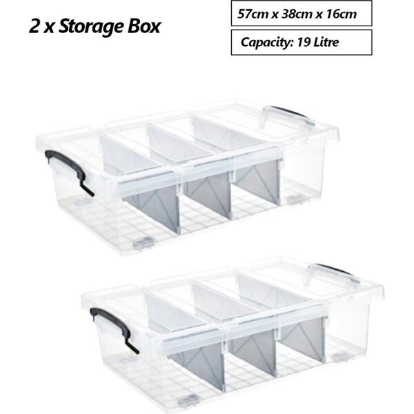 2 x 19L Plastic Storage Box W/ Removable Divider Home Office Organiser Container