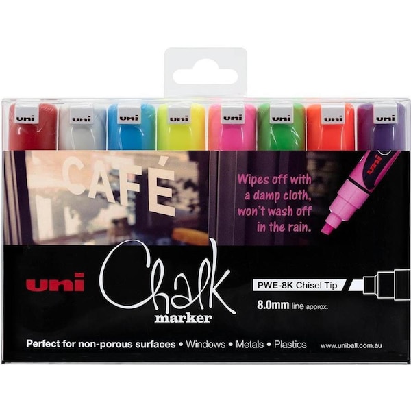 Uni-Ball Chalk Marker Chisel Tip 8mm Assorted Colours Pack 8