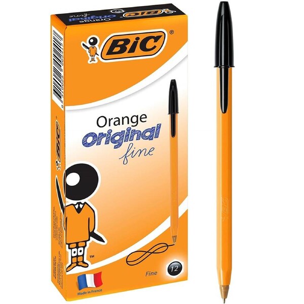 Bic Original Orange Ballpoint Pens Fine Black Box 12