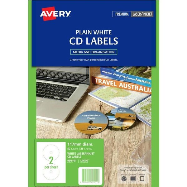 Avery 960101 L7676 Laser Labels Media Full Face CD/DVD 2up Pack 25
