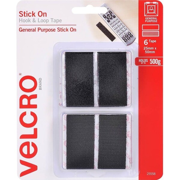 Velcro Brand Stick-On Hook And Loop Rectangles 25x50mm Black Pack 6