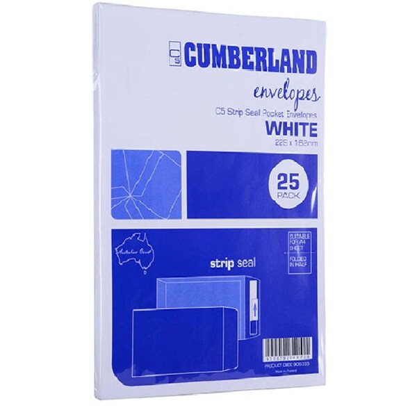 Cumberland C5 Envelopes Pocket Strip Seal 85GSM 162x229mm White Pack 25