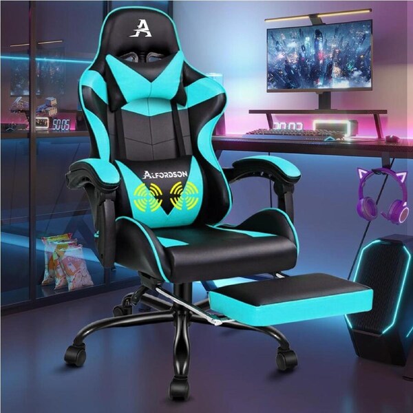 ALFORDSON Gaming Chair Office Executive Racing Footrest Seat PU Leather Cyan