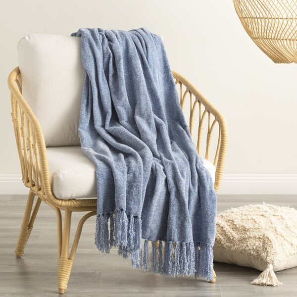 Renee Taylor Newland French BLU Chenille Polyester 130x170cm Throw Plush Blanket