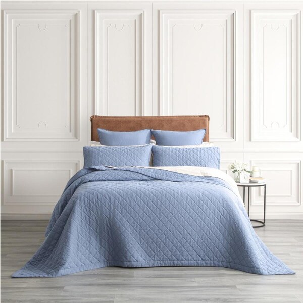 Renee Taylor Cavallo Super King French Linen Quilted Coverlet/Pillow Sham Denim