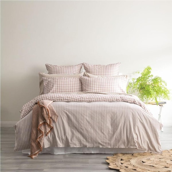 Renee Taylor Alison Queen Bed Yarn Dyed Cotton Reversible Quilt Cover Set Clay