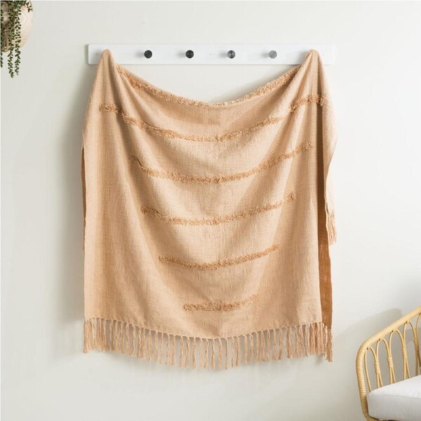 Renee Taylor Cambridge 130x170cm Cotton Slub Tufted Throw Sofa/Bed Blanket Tan