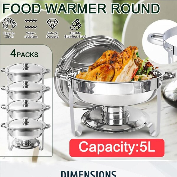 OZNALA 4 Pcs × 5L Stainless Steel Round Chafing Dish Set Bain Marie Buffet Servers Food Warmer Heater