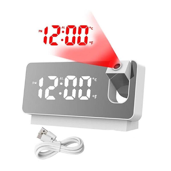 Smart Digital LED LCD Alarm Clock with Projector - White