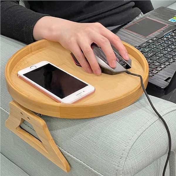 Sofa Armrest Tray, Sofa Arm Clip Table, Natural Bamboo Clip-on Sofa Tray, Armrest Snack Tray for Holding Foods, Coffee, Remote Control, Books
