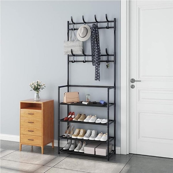 Coat Rack Stand, Coat Tree, Hallway Shoe Rack and Bench with Shelves, Hall Tree with Hooks