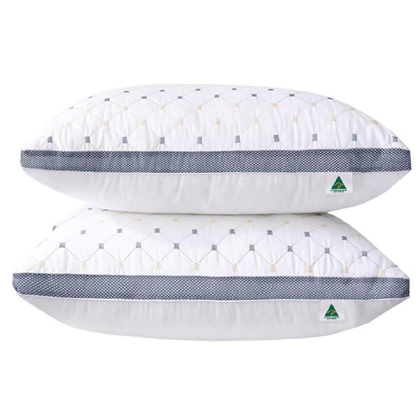 Australian Made Twin Pack Hotel Quality Blue Diamond Checked Ultra Plush Soft Breathable Standard Pillow