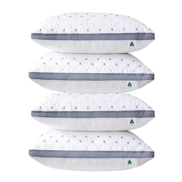 Australian Made Four Pack Hotel Quality Blue Diamond Checked Ultra Plush Soft Breathable Standard Pillow