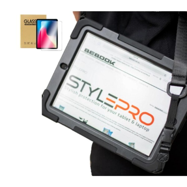 StylePro, iPad 10th and 11th gen shockproof case plus tempered glass screen protector, hand strap, shoulder strap and stand, black.