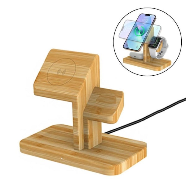 Nevenka Bamboo 3 in 1 Magsafe Wireless Charging Station for iWatch/AirPods iPhone 14/13/12/11