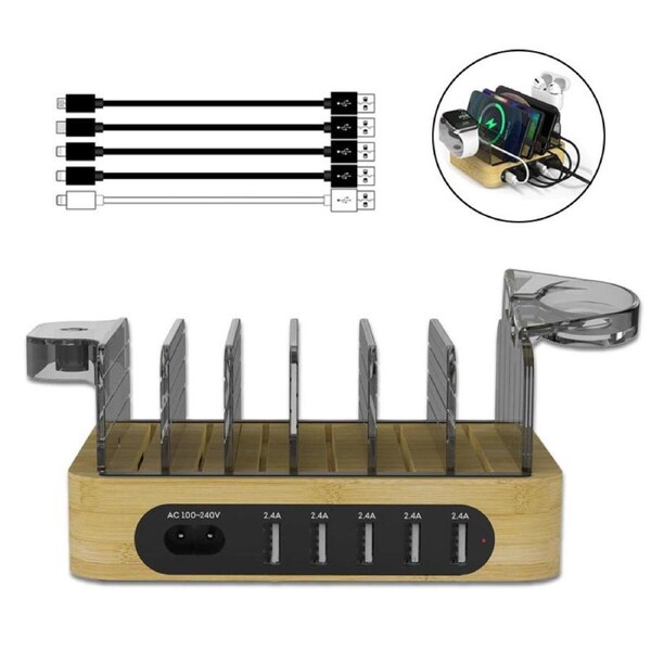 Nevenka Bamboo Charging Station for Multiple Devices Dock Organizer with 5 USB Ports and 5 Charging Cables