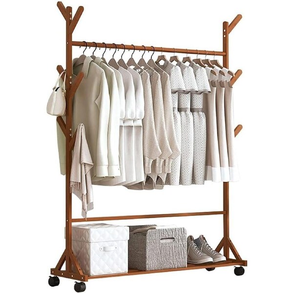 Versatile Bamboo Garment Rack with Rotatable Castors