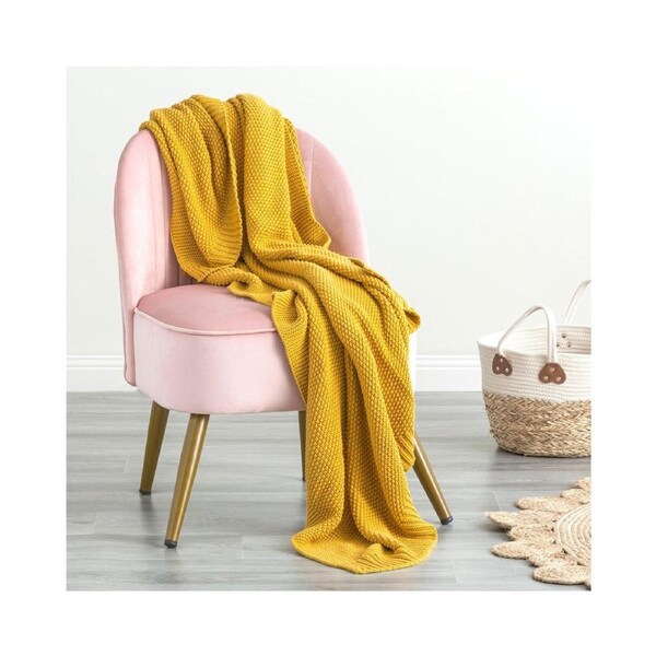 Moss Seed Stitch 100% Cotton Knitted Throw 130 x 170 Cms Mustard