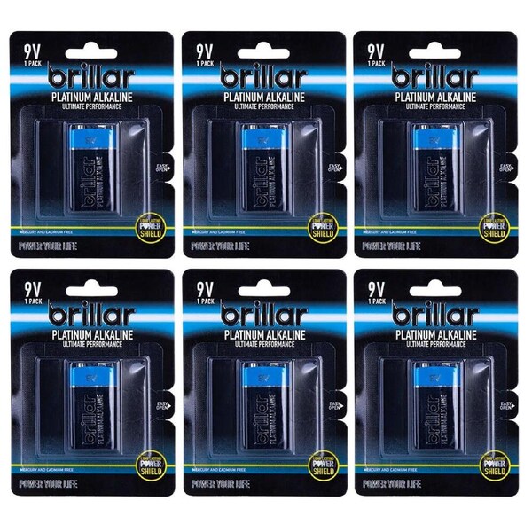 6x Brillar High Power Platinum Alkaline Single Use/Disposable Batteries 9V 6LR61