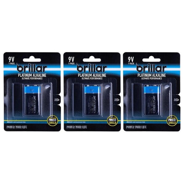 3x Brillar High Power Platinum Alkaline Single Use/Disposable Batteries 9V 6LR61