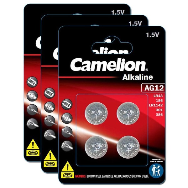 12pc Camelion Alkaline LR43/AG12 Button Cell Batteries For Calculator/Car Keys