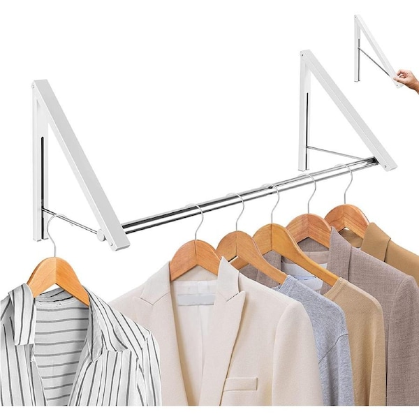 Retractable Clothing Rack Wall Mounted Folding Clothes Hanger - Closet Storage Organizer - Collapsible Drying Rack for Laundry Room(Set of 2 with Rod)