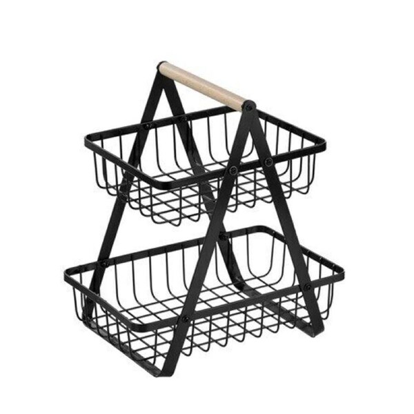 Wire 2-Tier Bench Top Stand w Wooden Handle Kitchen Fruit Storage Rack Basket