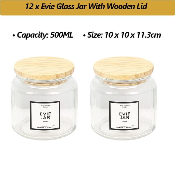 12 X 500ML Wooden Lid Glass Jar Kitchen Food Storage Lolly Candy Container
