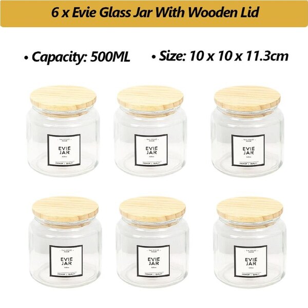6 X 500ML Wooden Lid Glass Jar Kitchen Food Storage Lolly Candy Container