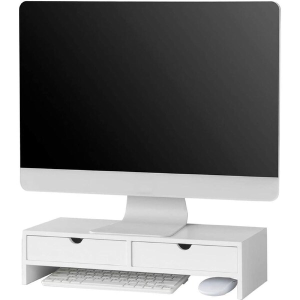 VIKUS White Monitor Stand Desk Organizer with 2 Drawers
