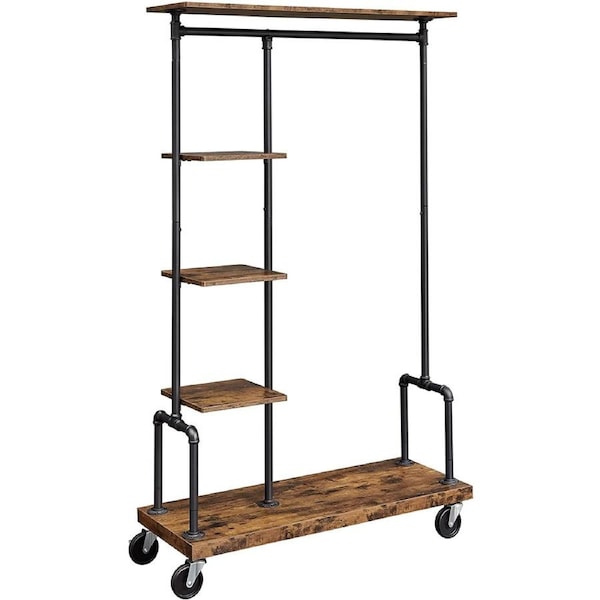 Clothing Garment Rack on Wheels with 5-Tier Industrial Pipe Style Rustic Brown