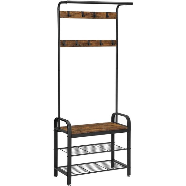 Vintage Coat Rack Shoe Bench, Wood Look Accent Furniture and Metal Frame