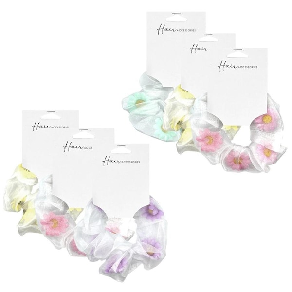 6x Hair Accessories Scrunchie 13cm Organza Floral Insert Styling Ponytail Assort