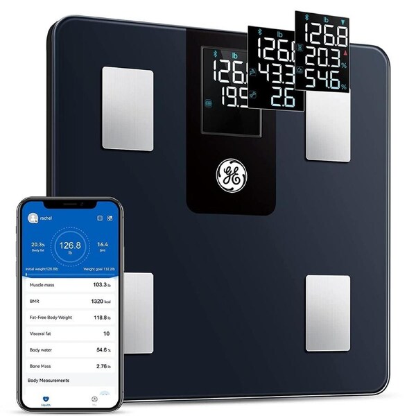 GE Smart Scale for Body Weight with All-In-One LCD Display, Weight Scale, Digital Bathroom Scales, Bluetooth Rechargeable Body Fat Scale, Accurate Weighing Scale for Body Weight, BMI and More, 396 Lbs