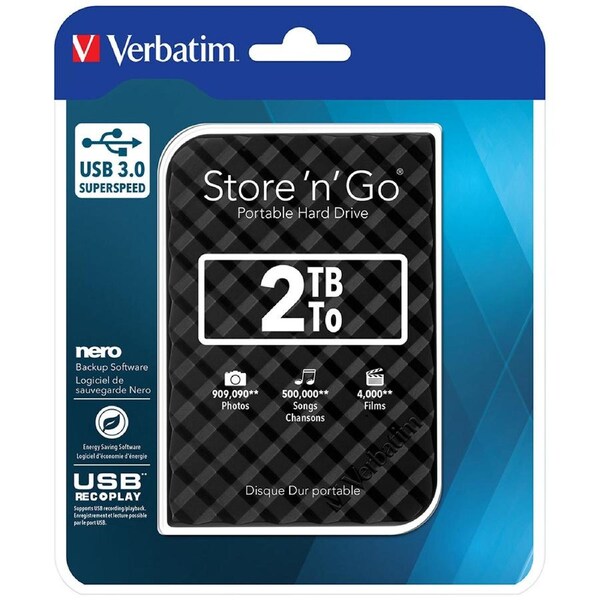 Verbatim USB 3.0 Store'n'Go 2.5" External HDD 2TB Portable Hard Disk Drive Black