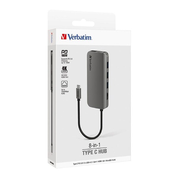 Verbatim 8-in-1 USB-C to HDMI/RJ45/SD/microSD 100W Hub Port For Laptop Grey