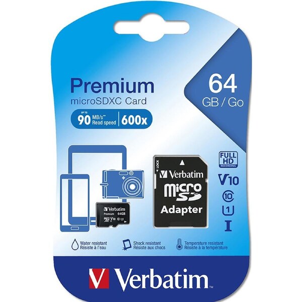 Verbatim Micro SDXC 64GB Memory Card Class 10 UHS-I File Storage w/ SD Adaptor