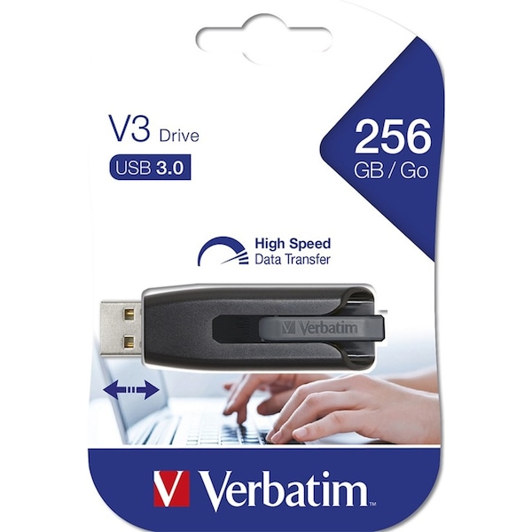 Verbatim Store'n'Go V3 USB 3.0 Stick Flash Drive 256GB Storage For Laptop Grey