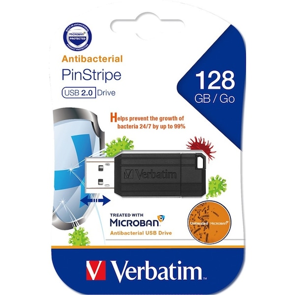 Verbatim Pinstripe Antimicrobial USB 2.0 Drive Stick 128GB Black Microban PC/MAC