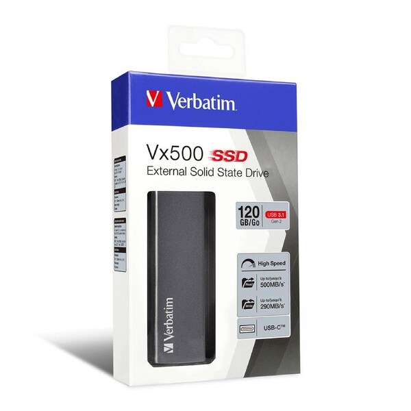 Verbatim Vx500 USB-C External SSD 120GB Solid State Drive For PC/Computer Black