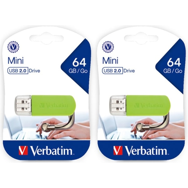 2PK Verbatim Store'n'Go 64GB Mini USB Stick Drive File Storage For Laptop/PC GRN