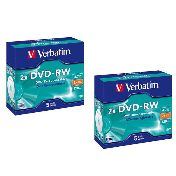 10pc Verbatim DVD-RW 4.7GB/120min 2x Speed Rewritable Blank Disc w/ Jewel Case
