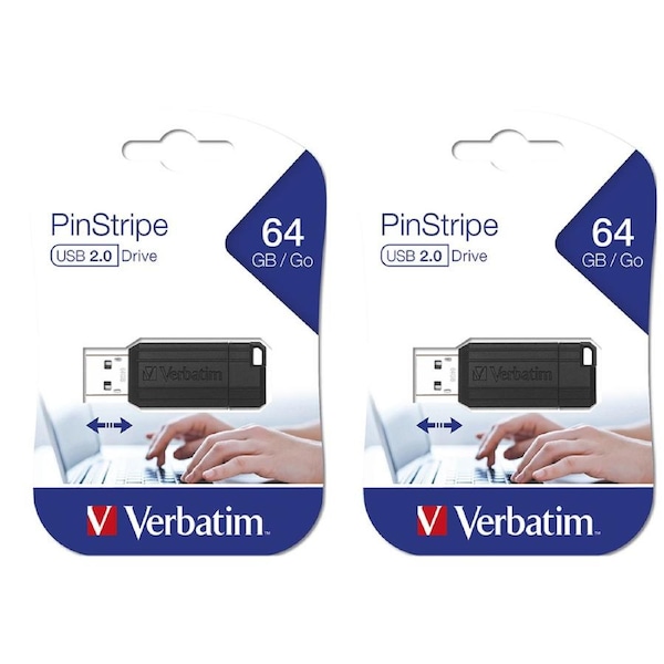 2PK Verbatim Store'n'Go Pinstripe 64GB USB Storage Stick Drive For Laptop/PC BLK