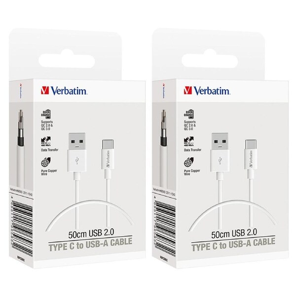 2PK Verbatim Charge & Sync USB To USB-C Soft Touch Rubber Durable Cable 50cm Wht