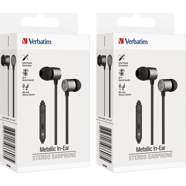 2PK Verbatim In-Ear Earphones w/Mic & Volume Control For Mobile Phones Space Gry