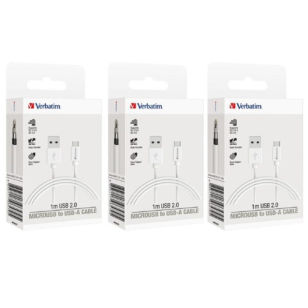 3PK Verbatim Charge & Sync USB-A To Micro USB Soft Touch Charging Cable 1m White